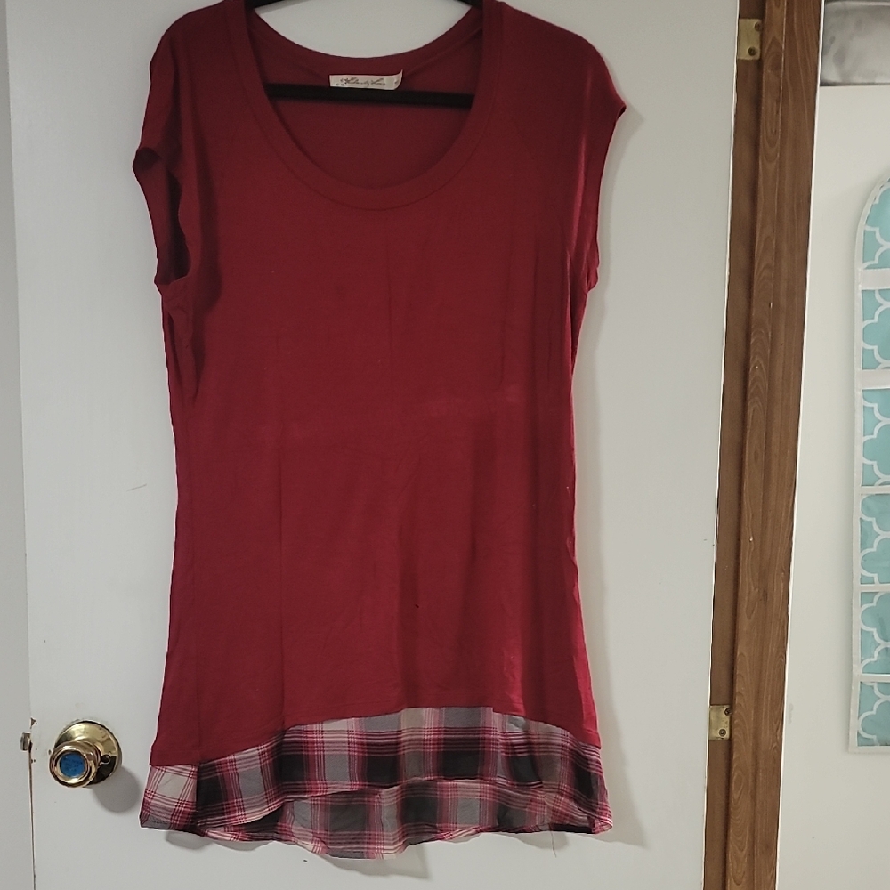 Liberty Love Red Sleeveless Scoop Tunic with Plaid Trim